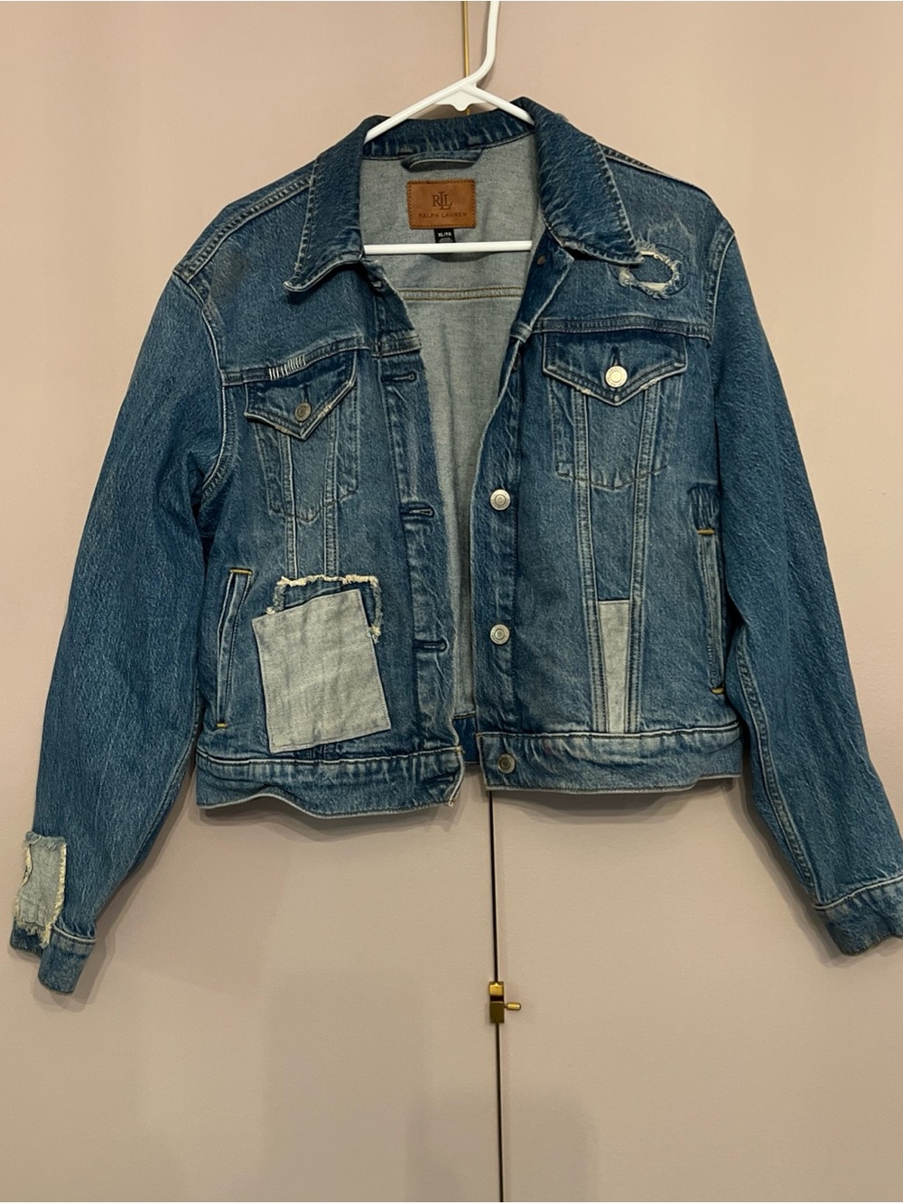 Lauren Ralph Lauren Denim Jean Jacket Women’s XL Logo Patchwork Distressed Blue - Picture 5 of 10